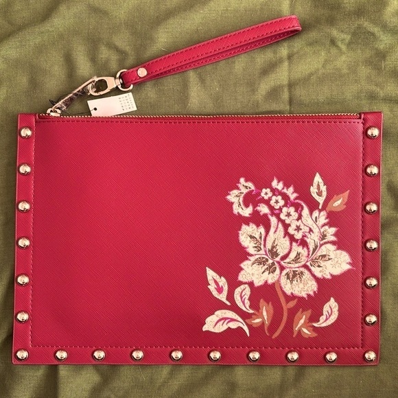 Brand New White House Black Market Maroon Studded Floral Large Wristlet Clutch - Picture 1 of 14